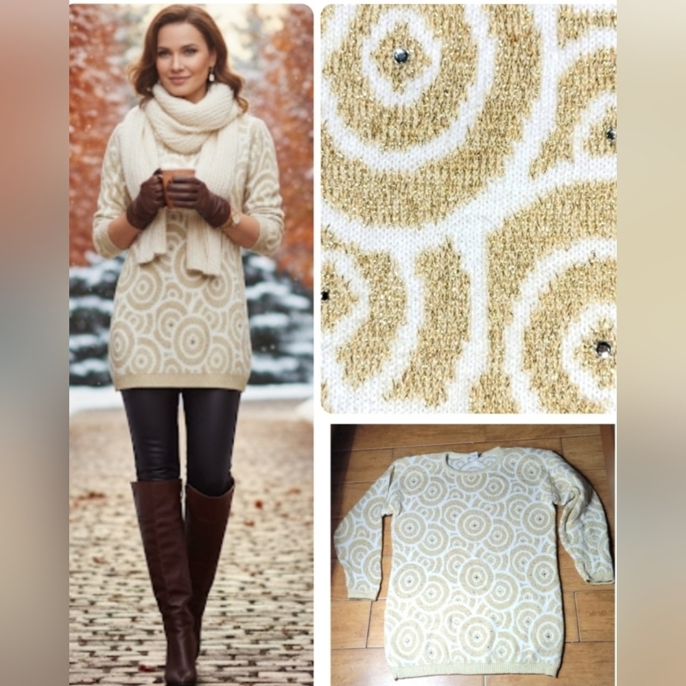 Vintage David David Metalic Gold Rhinestones long Sleeve Sweater Dress S